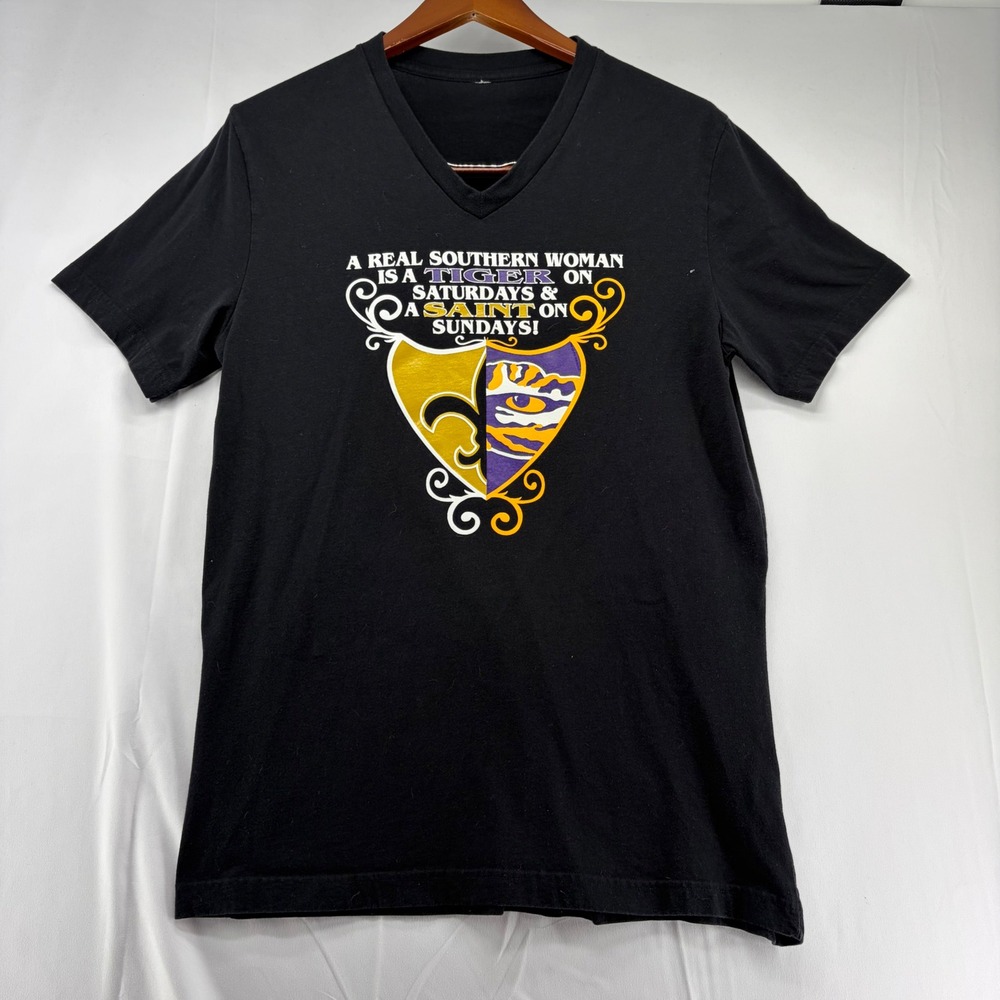 LSU Tigers New Orleans Saints Southern Woman V-Neck T-Shirt Black Fan Apparel